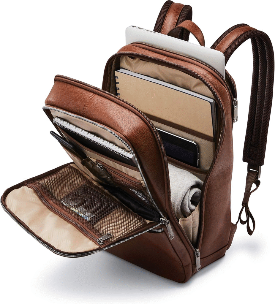 Sleek leather travel backpack for men with USB port – Bopai slim anti-theft backpack in black