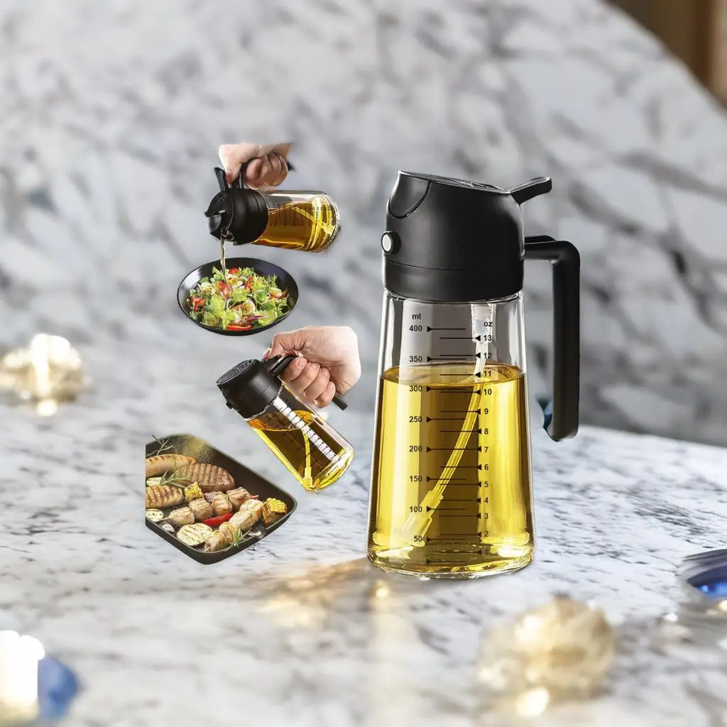 TrendPlain olive oil dispenser bottle with dual spray and pour design for healthier cooking