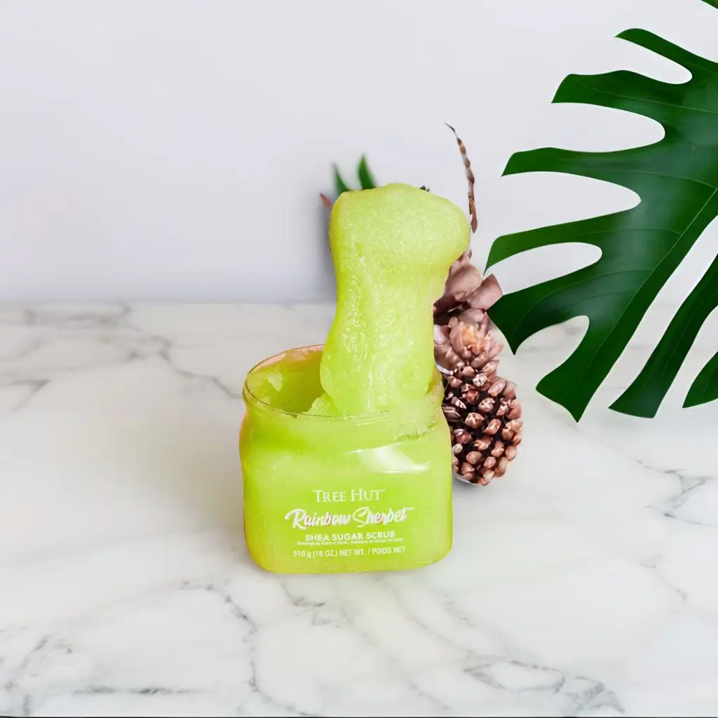 Tree Hut Vanilla Shea Sugar ScrubS– natural body scrub with sugar for exfoliation and hydration, paired with Tree Hut body wash, body butter, and shave oil.
