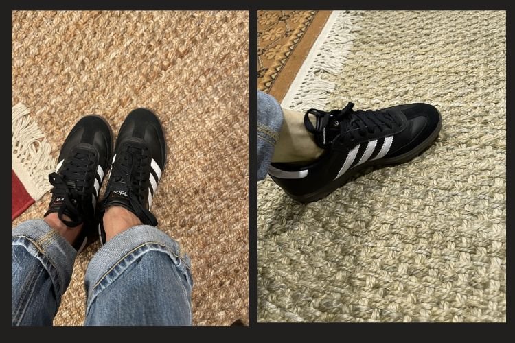 pair of adidas Samba shoes next to travel gear – most comfortable sneakers for standing all day