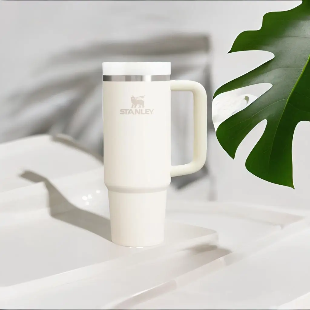 Stanley Flip Straw Tumbler 30 oz in cream color with handle and straw, insulated stainless steel cup for travel and daily hydration