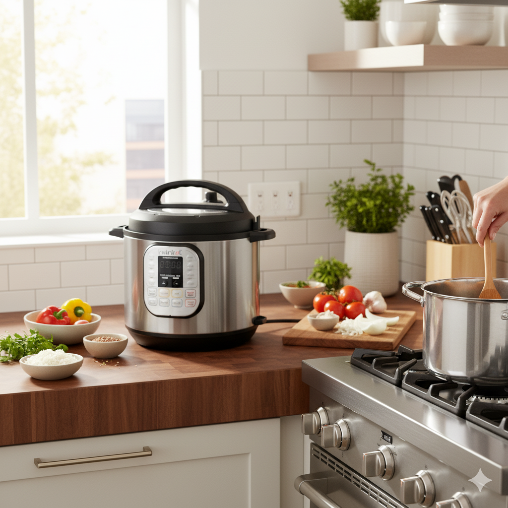 Instant Pot Duo 7-in-1 multi cooker showing control panel and stainless steel pot. Great alternative to a specialized tiger rice cooker.