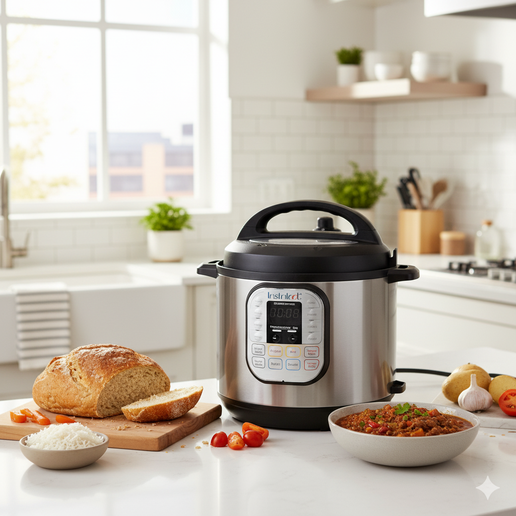 Instant Pot Duo 7-in-1 multi cooker showing control panel and stainless steel pot. Great alternative to a specialized tiger rice cooker.