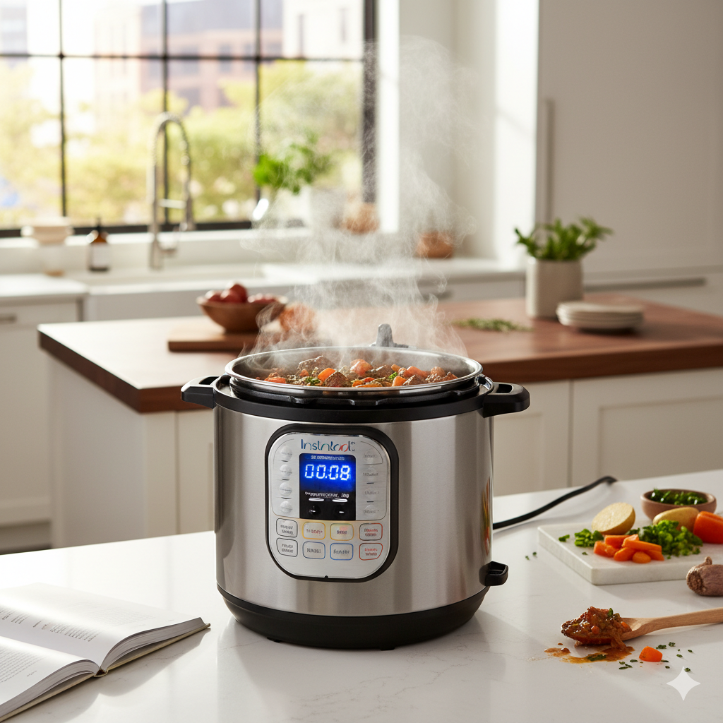 Instant Pot Duo 7-in-1 multi cooker showing control panel and stainless steel pot. Great alternative to a specialized tiger rice cooker.