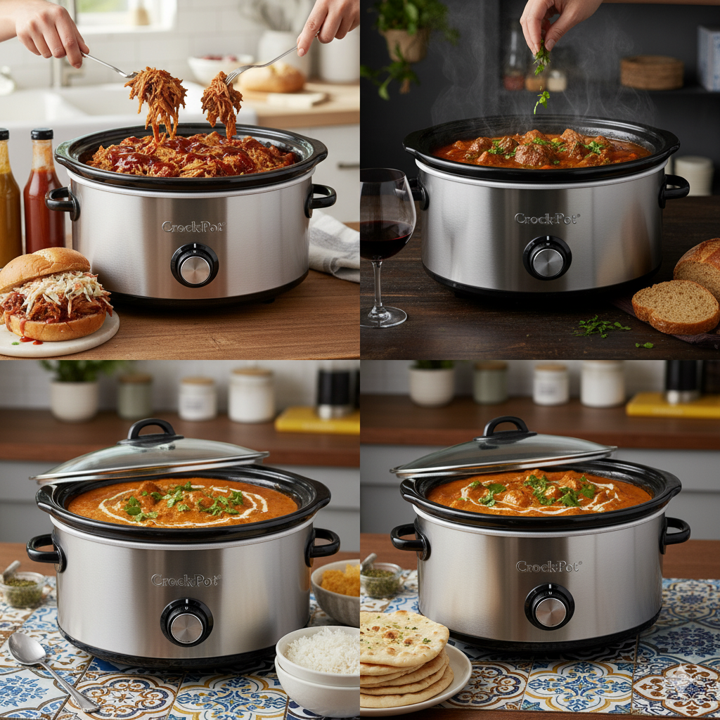 Close-up of a compact 4 quart slow cooker, stainless steel, perfect for two to four servings.