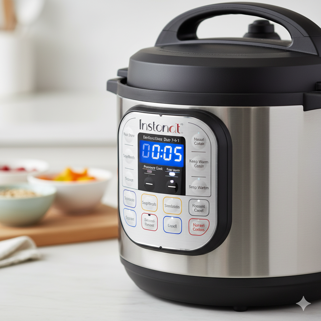 Instant Pot Duo 7-in-1 multi cooker showing control panel and stainless steel pot. Great alternative to a specialized tiger rice cooker.