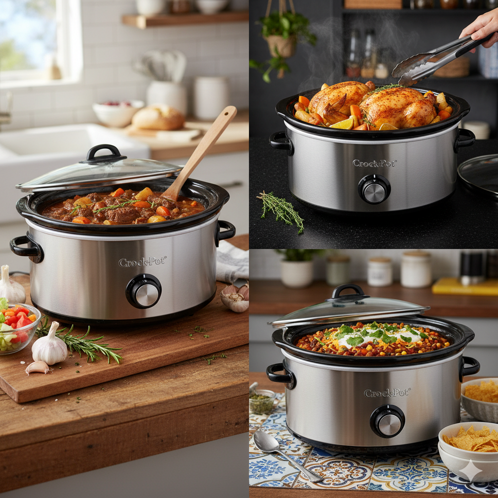 Close-up of a compact 4 quart slow cooker, stainless steel, perfect for two to four servings.