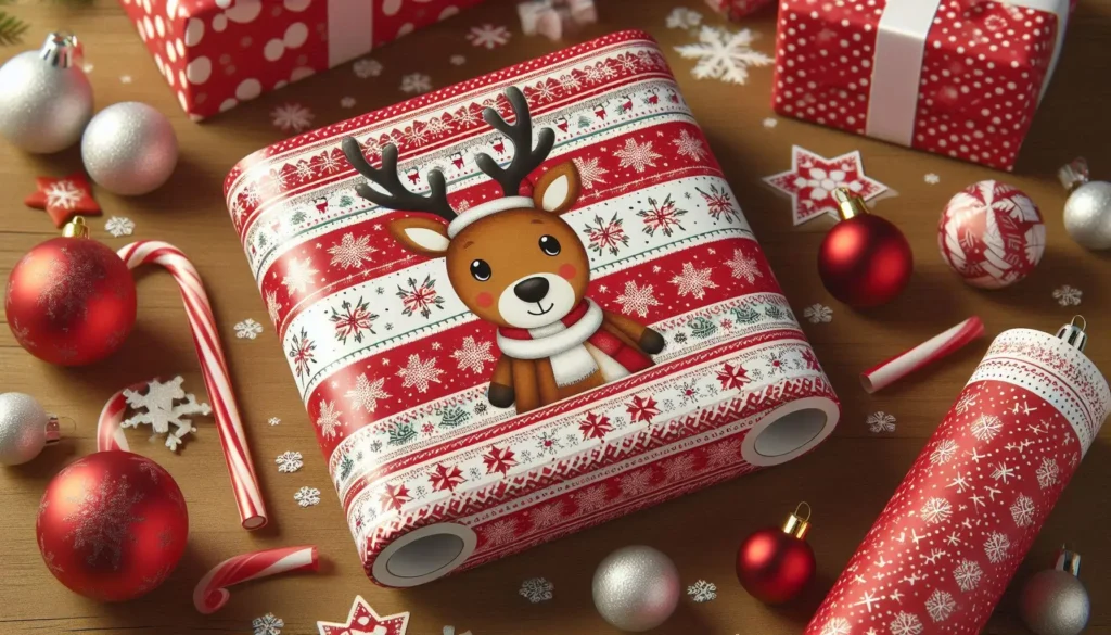 Gros plan sur le rouleau de Christmas Wrapping Paper WRAPAHOLIC, montrant le design double face (flocons et rennes) utilisé pour emballer un cadeau de Noël.