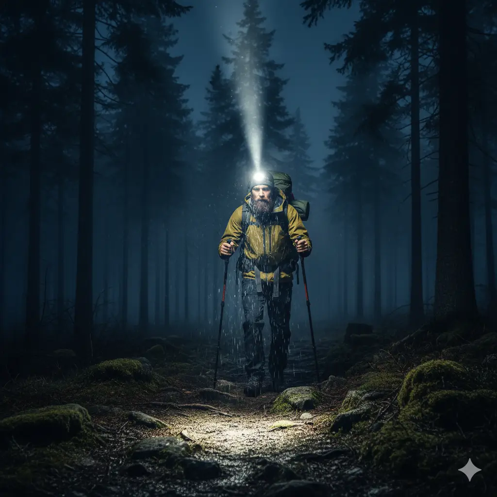 Person wearing a bright rechargeable headlamp flashlight at night. The headlamp is often considered the best flashlight for hands-free outdoor use.