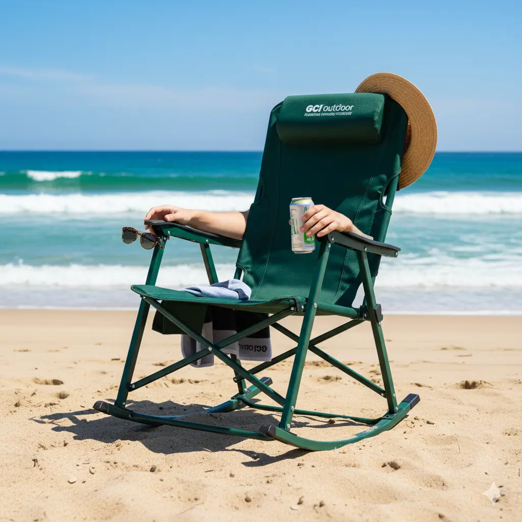 GCI outdoor chair in a dark green color, set up next to a campfire and glowing tent in a forest at night. A person is sitting and gently rocking while holding a mug. The scene highlights the chair's use as a comfortable, portable rocking camp chair.