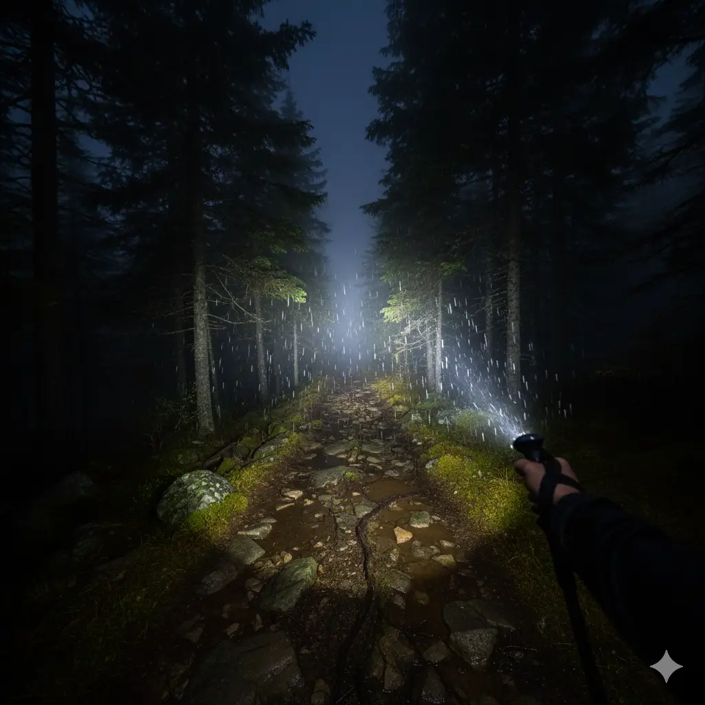 Person wearing a bright rechargeable headlamp flashlight at night. The headlamp is often considered the best flashlight for hands-free outdoor use.