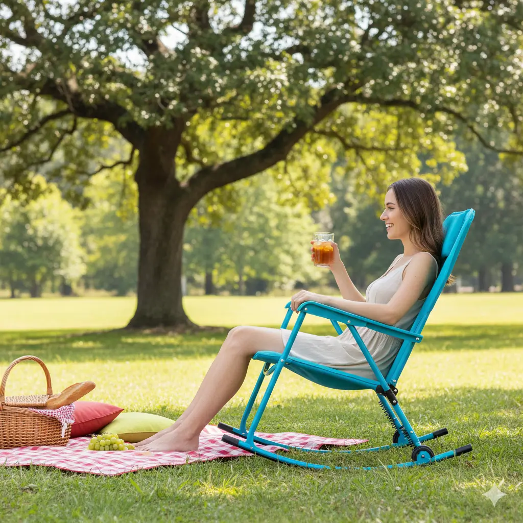 GCI outdoor chair in a dark green color, set up next to a campfire and glowing tent in a forest at night. A person is sitting and gently rocking while holding a mug. The scene highlights the chair's use as a comfortable, portable rocking camp chair.