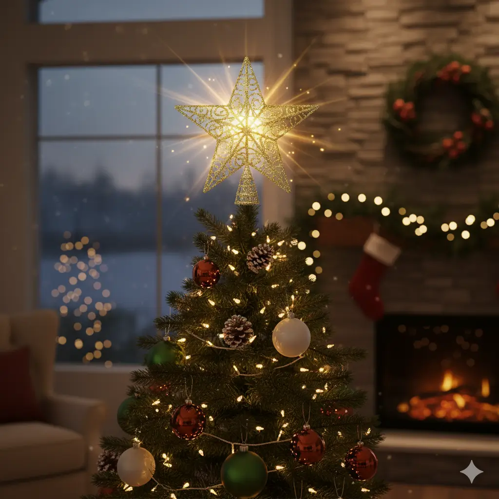 A beautifully decorated Christmas tree, fully lit, featuring a thick, layered silver and gold christmas tree garland draped around the branches and crowned with a classic star-shaped christmas tree topper.