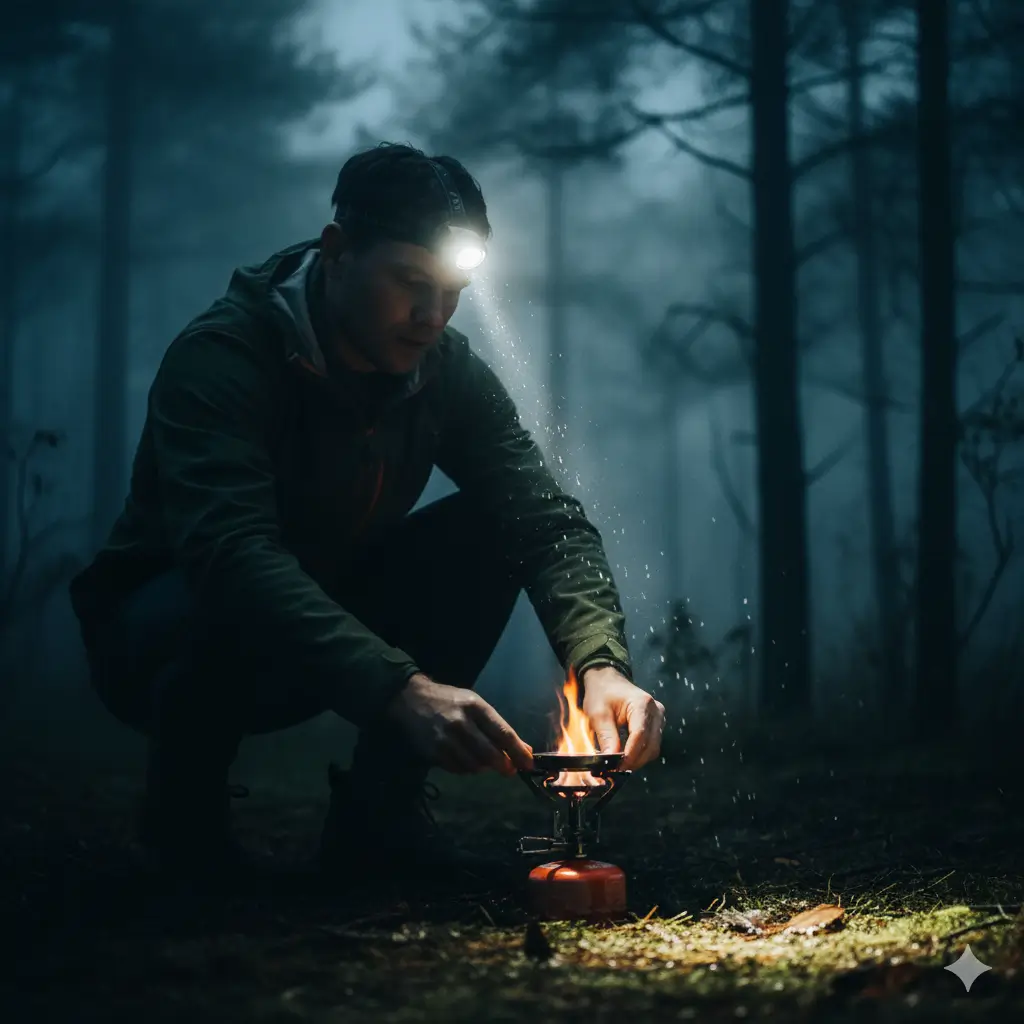 Person wearing a bright rechargeable headlamp flashlight at night. The headlamp is often considered the best flashlight for hands-free outdoor use.