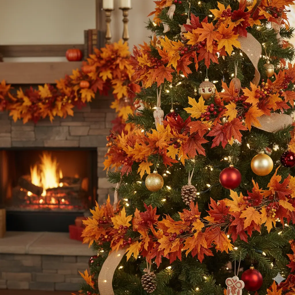 A beautifully decorated Christmas tree, fully lit, featuring a thick, layered silver and gold christmas tree garland draped around the branches and crowned with a classic star-shaped christmas tree topper.