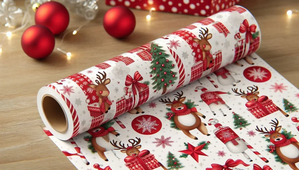 Gros plan sur le rouleau de Christmas Wrapping Paper WRAPAHOLIC, montrant le design double face (flocons et rennes) utilisé pour emballer un cadeau de Noël.